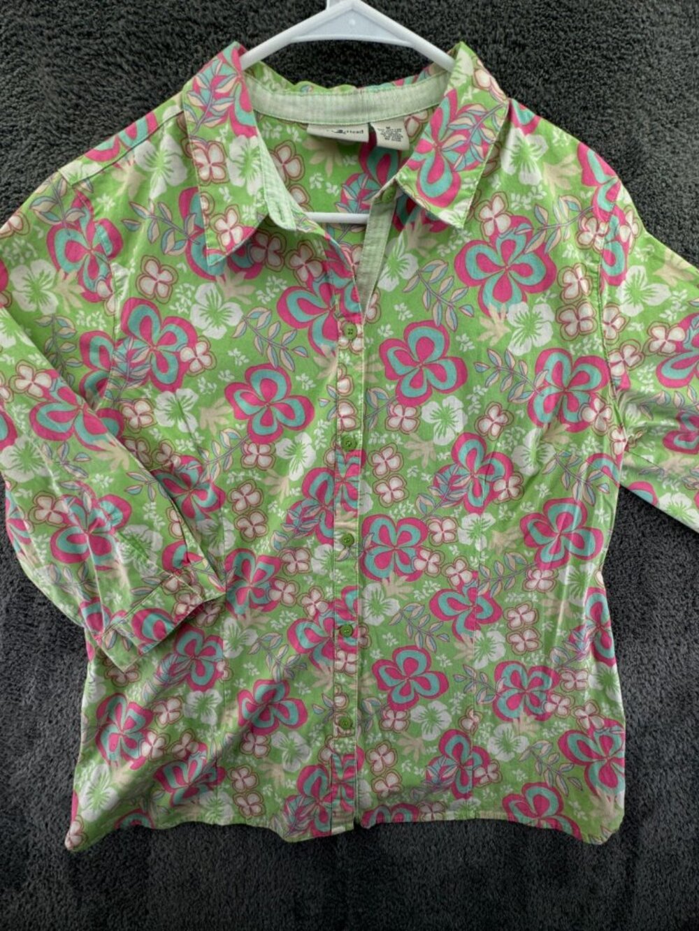 Duck Head Medium Women Button Up Floral Shirt Green Pink 1/2 Sleeve Stretch